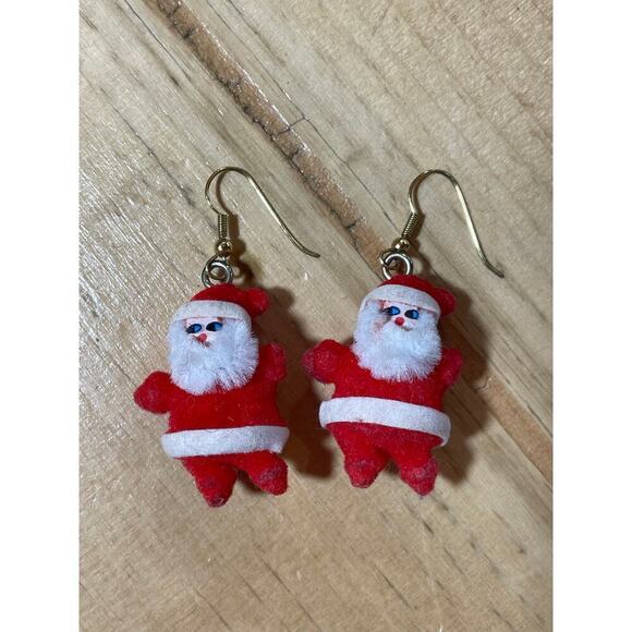 Vintage Velvet Red dangle Santa Claus Earrings. Handmade and Hand painted face - Picture 1 of 3